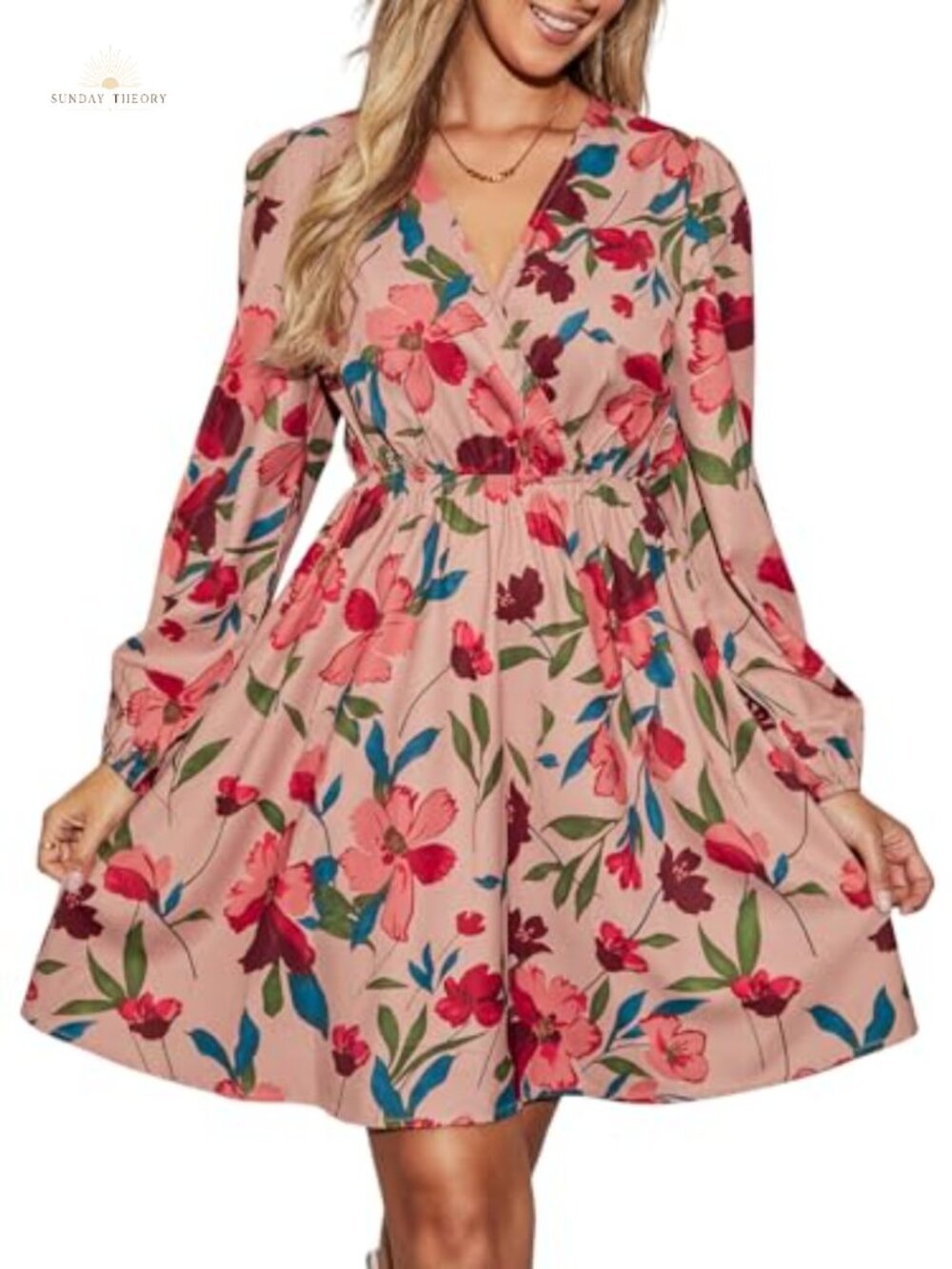CUPSHE Floral Ruffle Mini Dress Peasant Sleeve Surplice V Neck Fall Casual